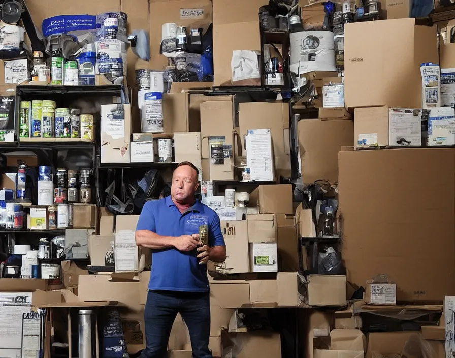 Image similar to Alex Jones inventing new conspiracy theories in his garage office, surrounded by boxes of herbal supplements, detailed photograph high quality