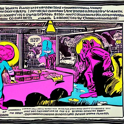 Prompt: risoprint of an underground comic book, azure and pink colors, comic art, robert crumb