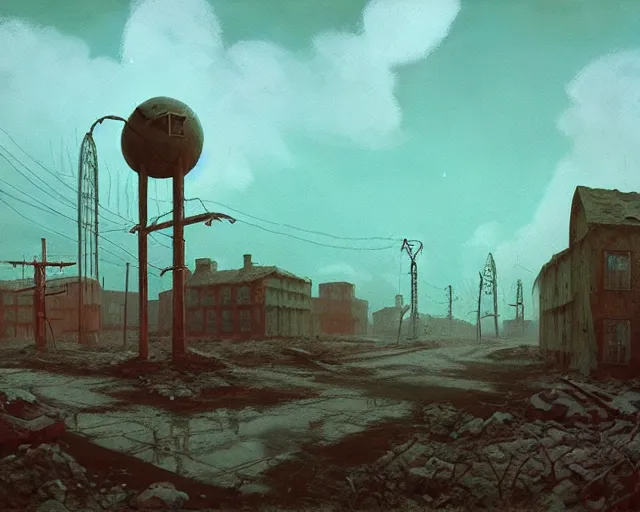 Image similar to painting of apocalyptic soviet village, by simon stalenhag, zdzisław beksinski, cory loftis, rim light, exquisite lighting, clear focus, very coherent, plain background, soft painting