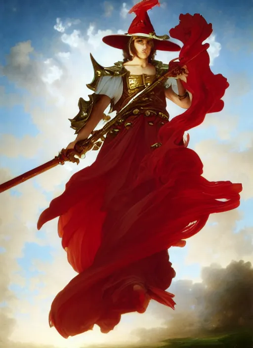 Image similar to Full View of a boisterous Red Mage wearing striped shining armor and a feathered hat holding a staff of power surrounded by an epic cloudscape. Magus. Red Wizard. Morpheus. masterpiece. 4k digital illustration. by Ruan Jia and Artgerm and Andreas Rocha and William-Adolphe Bouguereau and Edmund Blair Leighton. award winning, Artstation, intricate details, realistic, Hyperdetailed, 8k resolution. Concept Painting. Key Art