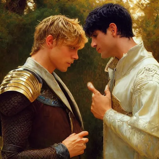 Image similar to attractive male arthur pendragon confesses his love to attractive male merlin. highly detailed painting by gaston bussiere, craig mullins, j. c. leyendecker 8 k