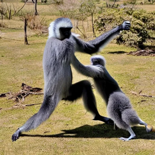 Image similar to a gibbon and a goose having a kung fu battle