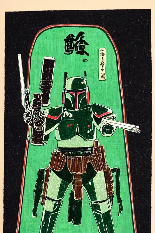 Prompt: Japanese woodblock print of Boba Fett