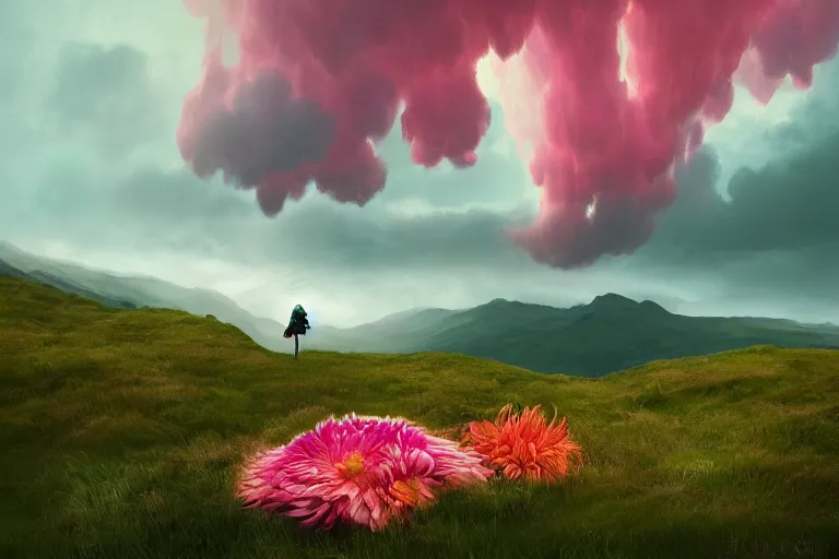 Image similar to giant dahlia flower head, girl walking on mountain, surreal photography, pink storm clouds, dramatic light, impressionist painting, digital painting, artstation, simon stalenhag