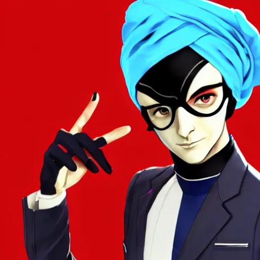 Prompt: A young man wearing a blue turban, beardless, shaven face, middle-eastern, in the style of Persona 5, Persona 5, Persona 5 artwork