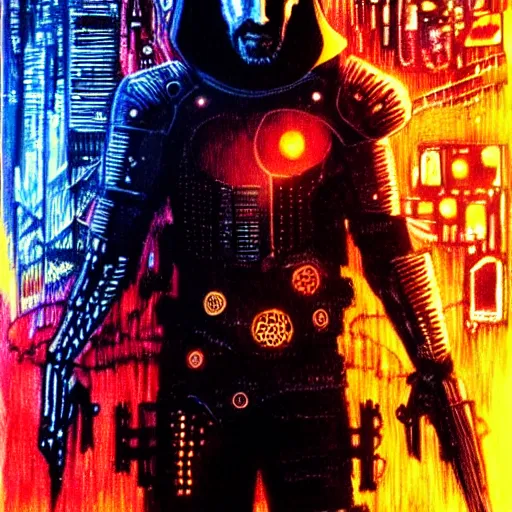 Image similar to keanu reeves as cyberpunk knight, atmospheric lighting, painted, intricate, golden hour, ultra detailed by philippe druillet