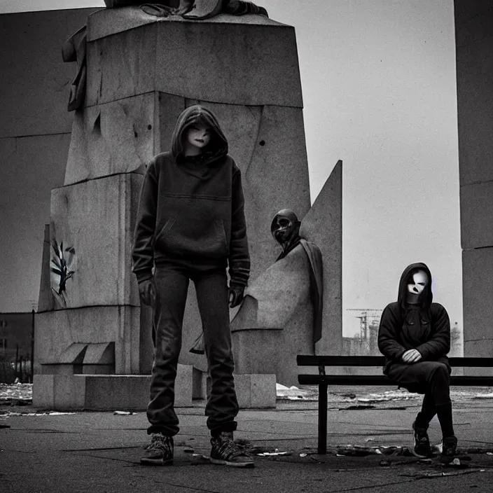 Image similar to storyboard : sadie sink in hoodie sits on bench in ruined square, pedestrians walk by, soviet monument and propaganda posters. scifi cyberpunk. by gabriel hardman. cinematic atmosphere, detailed and intricate, perfect anatomy