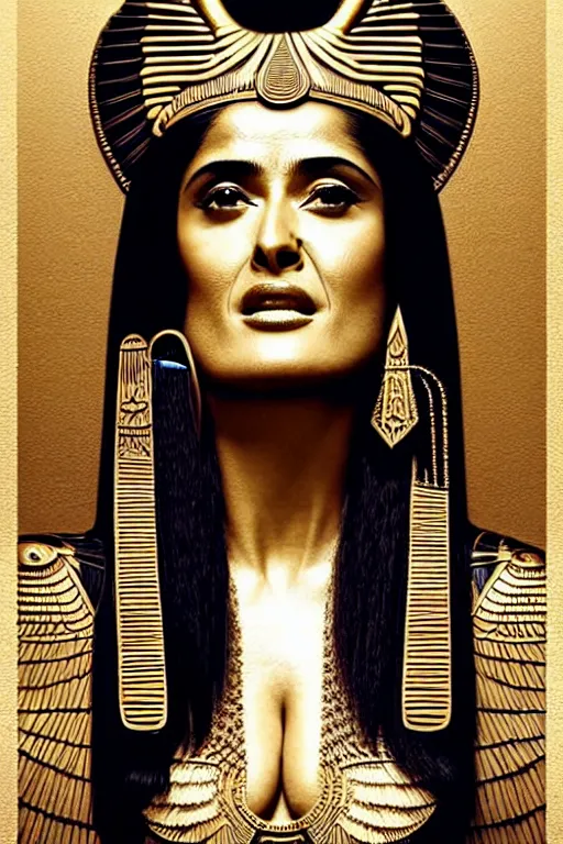 Image similar to Portrait of Salma Hayek as Cleopatra, intricate art deco leaf designs, elegant, highly detailed Egyptian patterns, hieroglyph, sharp focus, art by Artgerm and beeple