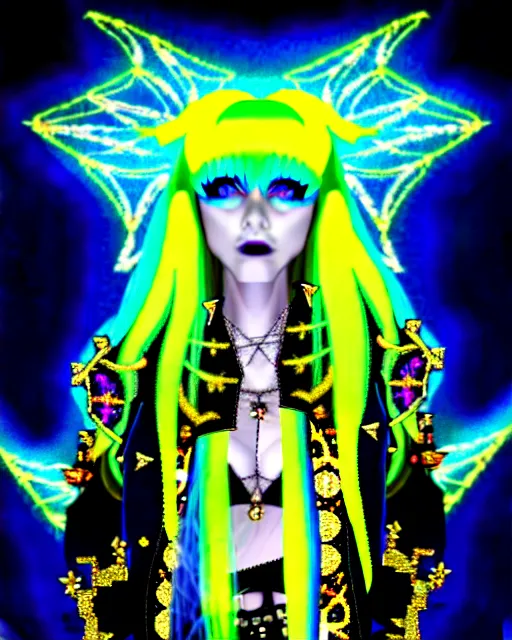 Prompt: baroque bedazzled gothic royalty frames surrounding a hologram of rimuru tempest with sky blue hair and golden yellow eyes, wearing a cybergoth jacket, holography, irridescent