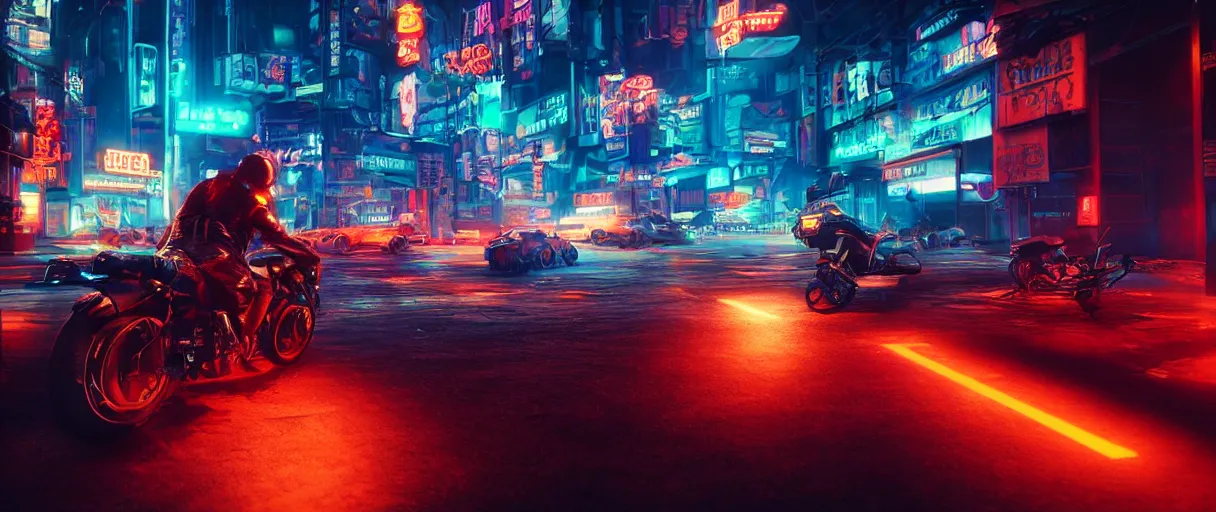 Image similar to a leather-clad thief on a motorcycle making a getaway in a glowing neon cyberpunk city at night by Karl Thiart, unreal engine, cinematic atmosphere, close up viewed from below