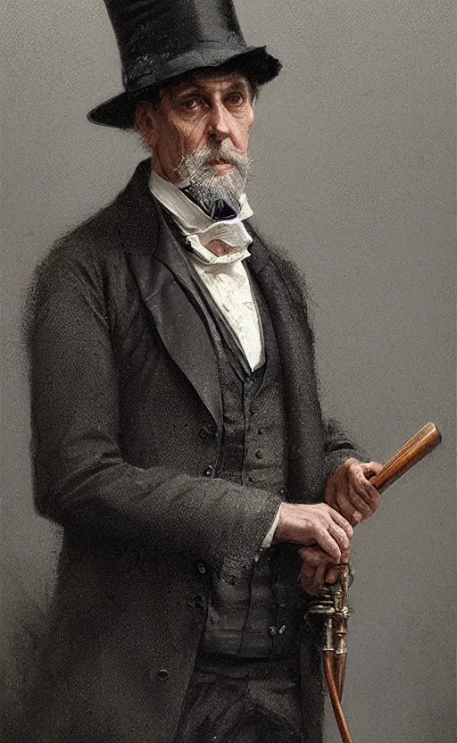Prompt: portrait of a middle aged victorian gentleman, suit and waistcoat, holding a cane, male, detailed face, victorian, highly detailed, cinematic lighting, digital art painting by greg rutkowski