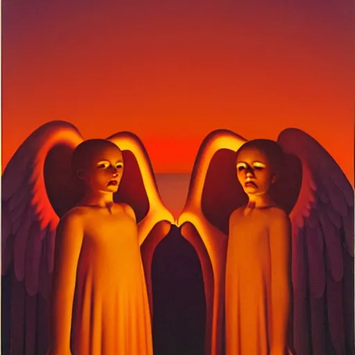 Image similar to Soul eating angels satisfy their hunger, light illumination at sunset, by George Tooker height 768