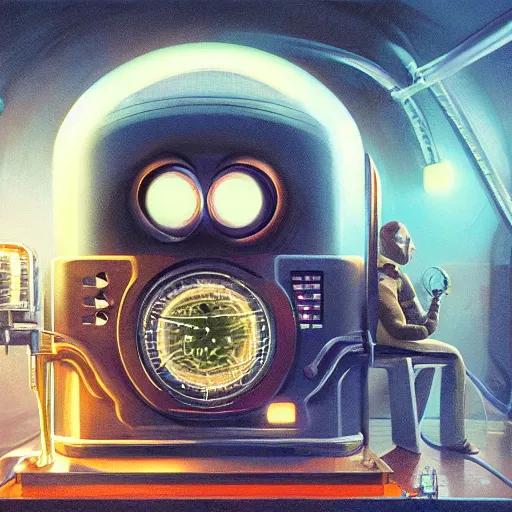Image similar to detailed face of a synthetic being being powered on and nixie tube eyes warming up, warm space, cool skydome, fresh atmosphere, pj crook, syd mead, livia prima, artgerm, greg rutkowski, nick alm, casey baugh