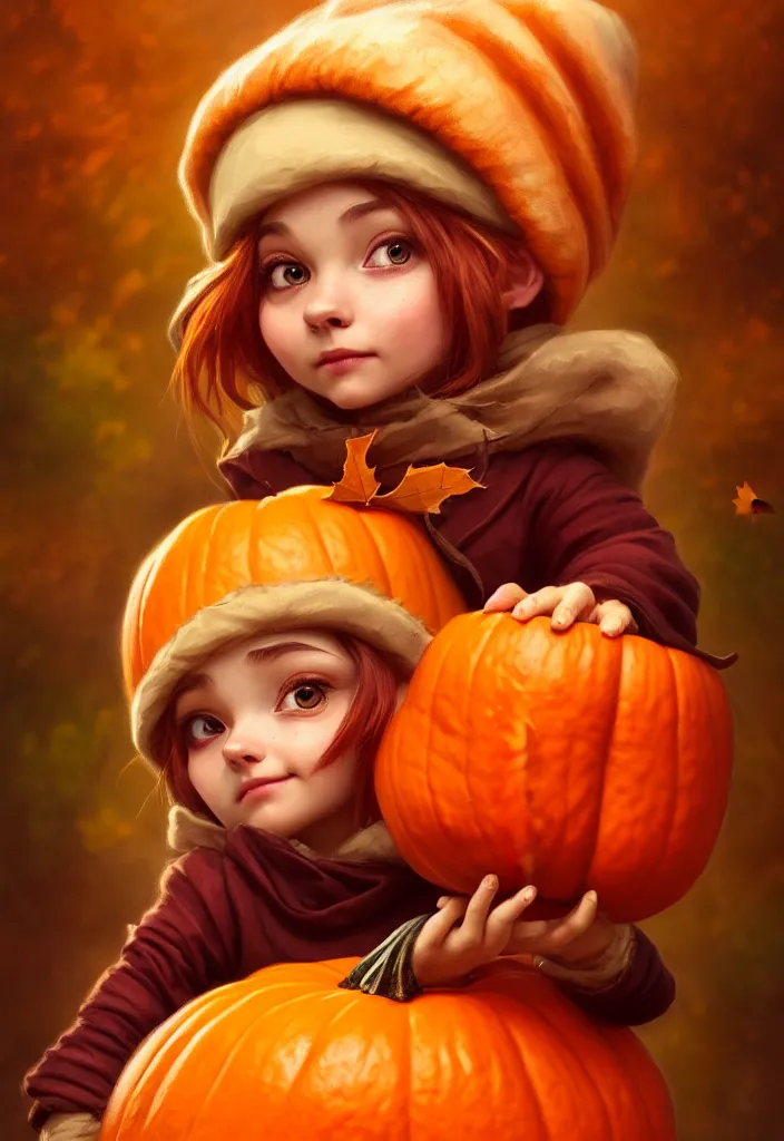 Image similar to hand drawn cute one gnomes face in autumn disguise holding pumpkin, detailed closeup face, concept art, low angle, high detail, warm lighting, volumetric, godrays, vivid, beautiful, trending on artstation, art by artgerm and greg rutkowski and alphonse mucha