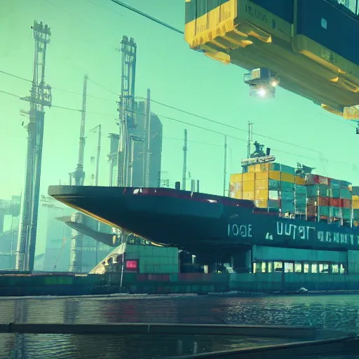 Image similar to an anti-gravity (futuristic container vessel) hovering at port in Night City Cyberpunk 2077, muted cyberpunk style, tranquil, steady, atmospheric, sweltering, autochrome, 8k, reflections, octane render, unreal engine 5