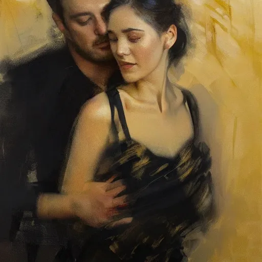 Prompt: spontaneous unfinished romantic portrait, beautiful juicy brush strokes, by Richard schmid and Sargent, low key lighting, black and gold, trending on cgsociety, expressionism, linen canvas