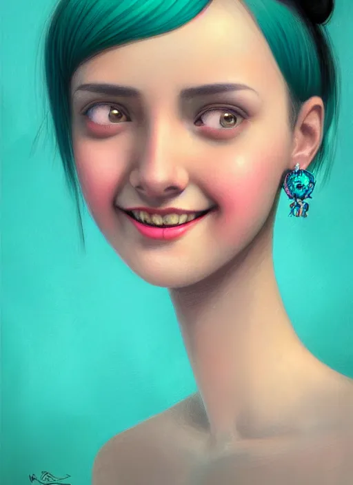 Image similar to portrait of high school girl, realistic, black hair, bangs, half updo hairstyle, pointy nose, skinny, smile, ugly, defined jawline, big chin, teal hair bow, earrings, intricate, elegant, glowing lights, highly detailed, digital painting, artstation, sharp focus, illustration, art by wlop, mars ravelo and greg rutkowski