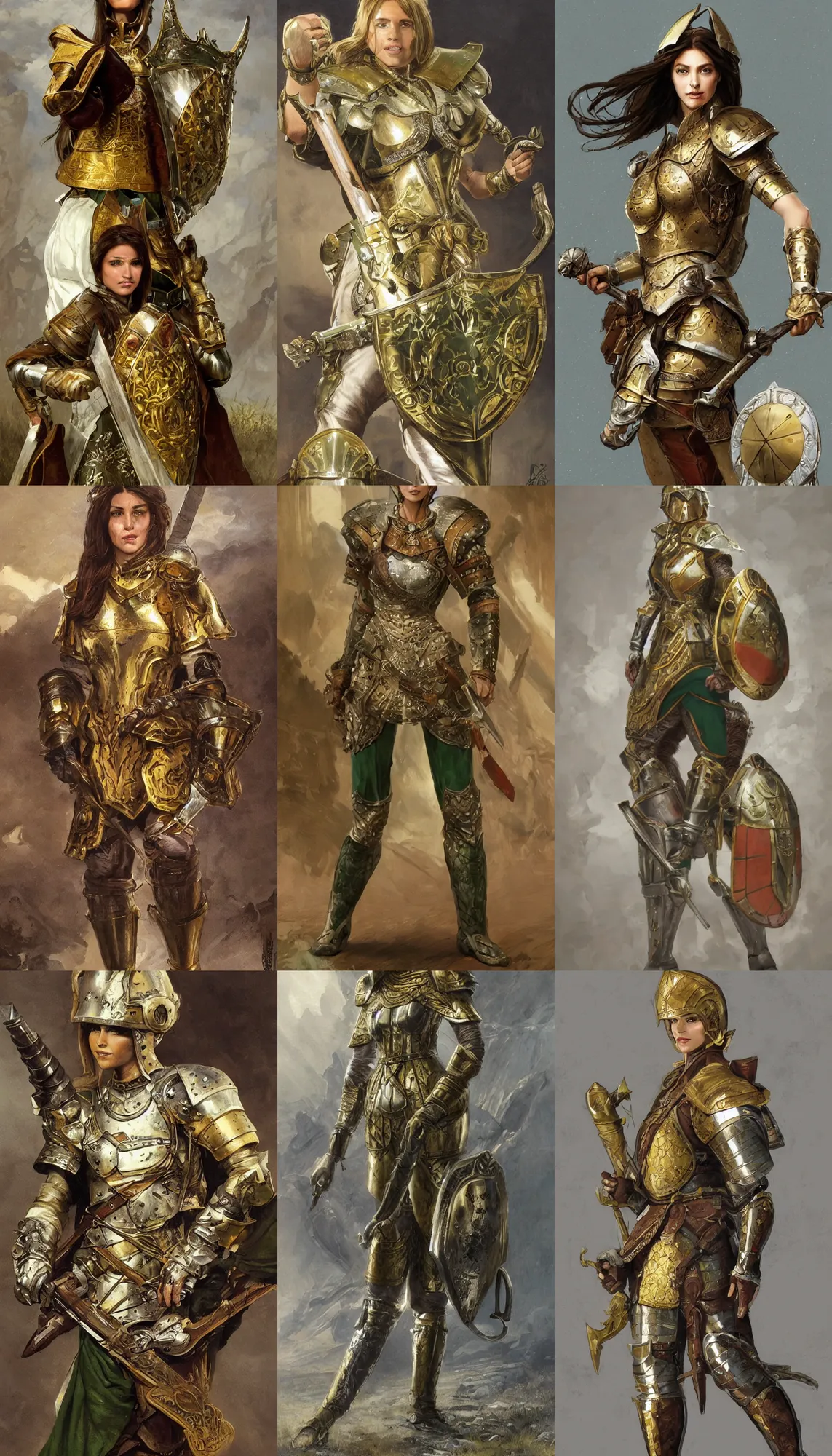 Prompt: full body portrait of a female italian warrior medium length brown hair and a very highly detailed face wearing elegant golden plate mail armor with green and white accents, holding a tall tower shield and a long flintlock pistol, highly detailed, artstation, cgsociety, character concept art, sharp focus, illustration, art by michael komarck and greg rutkowski and alphonse mucha