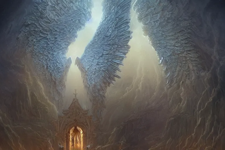 Image similar to an intricate matte painting of A celestial path opens up to the 8-winged guardian angel wearing an intricate tiara , highly detailed creepily dimly lit exterior with shafts of iridescent light bouncing off magical realms, by Christophe Vacher and Bastien Lecouffe-Deharme, trending on artstation
