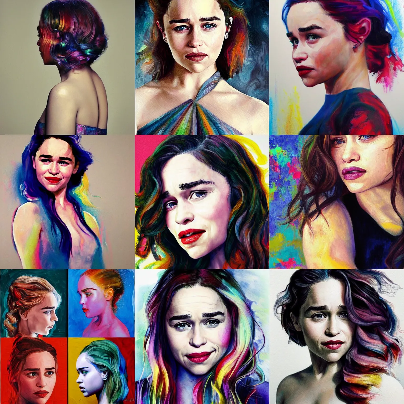 Prompt: Emilia Clarke, smooth painting, art, detailed, colorful, smiling, beautiful hair, deep look, intense atmosphere