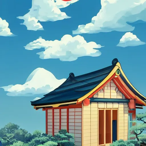 Prompt: a Japanese house and a blue sky with clouds in anime style, in the style of Lampbo Chun on ArtStation and Son Rice on ArtStation, 4k,