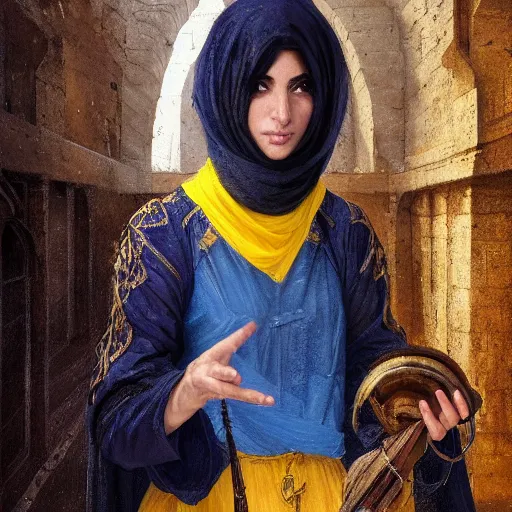Image similar to a middle - eastern female cleric with straight black hair wearing blue and yellow vestments exploring an abandoned monastery, fantasy, highly detailed, digital painting, artstation, concept art, character art, art by greg rutkowski and tyler jacobson and alphonse mucha