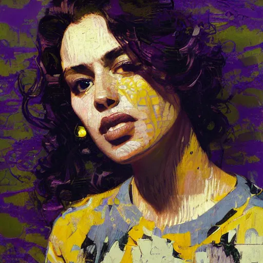 Image similar to portrait of a beautiful woman with dark curls, ecstatic, brown skin, mouth half open, eyes closed, shades of yellow and purple, rule of thirds, intricate patterns, spotlight, by greg rutkowski, by jeremy mann, by francoise nielly, by van gogh, digital painting