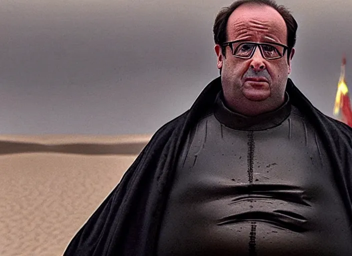 Image similar to François Hollande as baron harkonnen in a black oil bath in a still from the film Dune (2021)