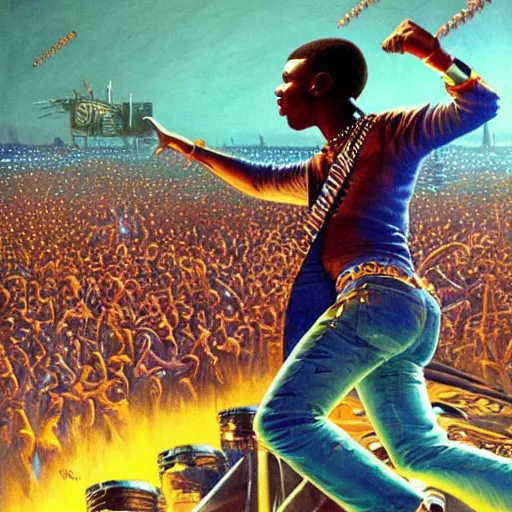 Image similar to a detailed painting of wizkid performing on stage to millions of aliens. by bruce pennington.