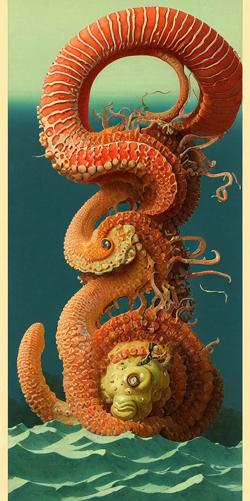 Image similar to portrait of the ammonite skeksis supermodel clad in coral armor biting into a juicy squid, by kawase hasui, dorothea tanning, moebius, edward hopper and james gilleard, aivazovsky, zdzislaw beksinski, steven outram colorful flat surreal design