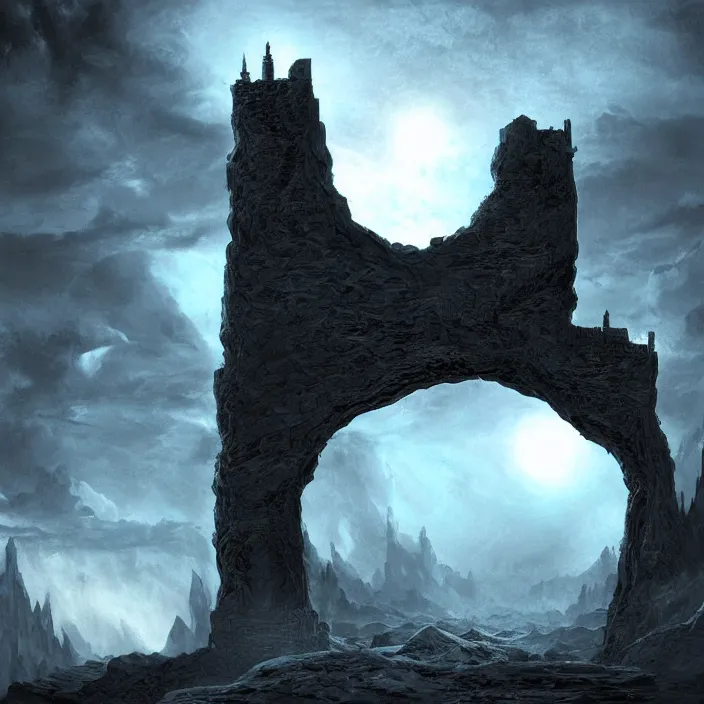 Image similar to gazing through a black archway to the void, black night, intricate high detail matte painting masterpiece