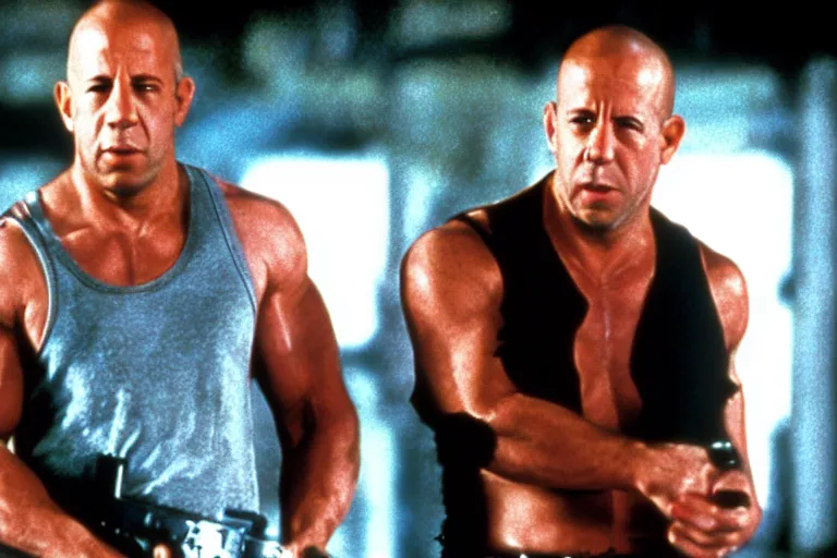 Image similar to film still of Vin Diesel as John McClane in Die Hard 1988