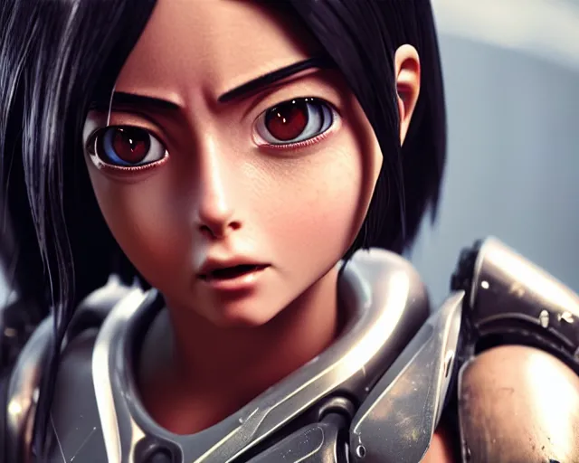 Image similar to battle angel alita, mouth open, 3 5 mm, photorealistic, lifelike, octane engine, cinematic lighting, high detail, high resolution