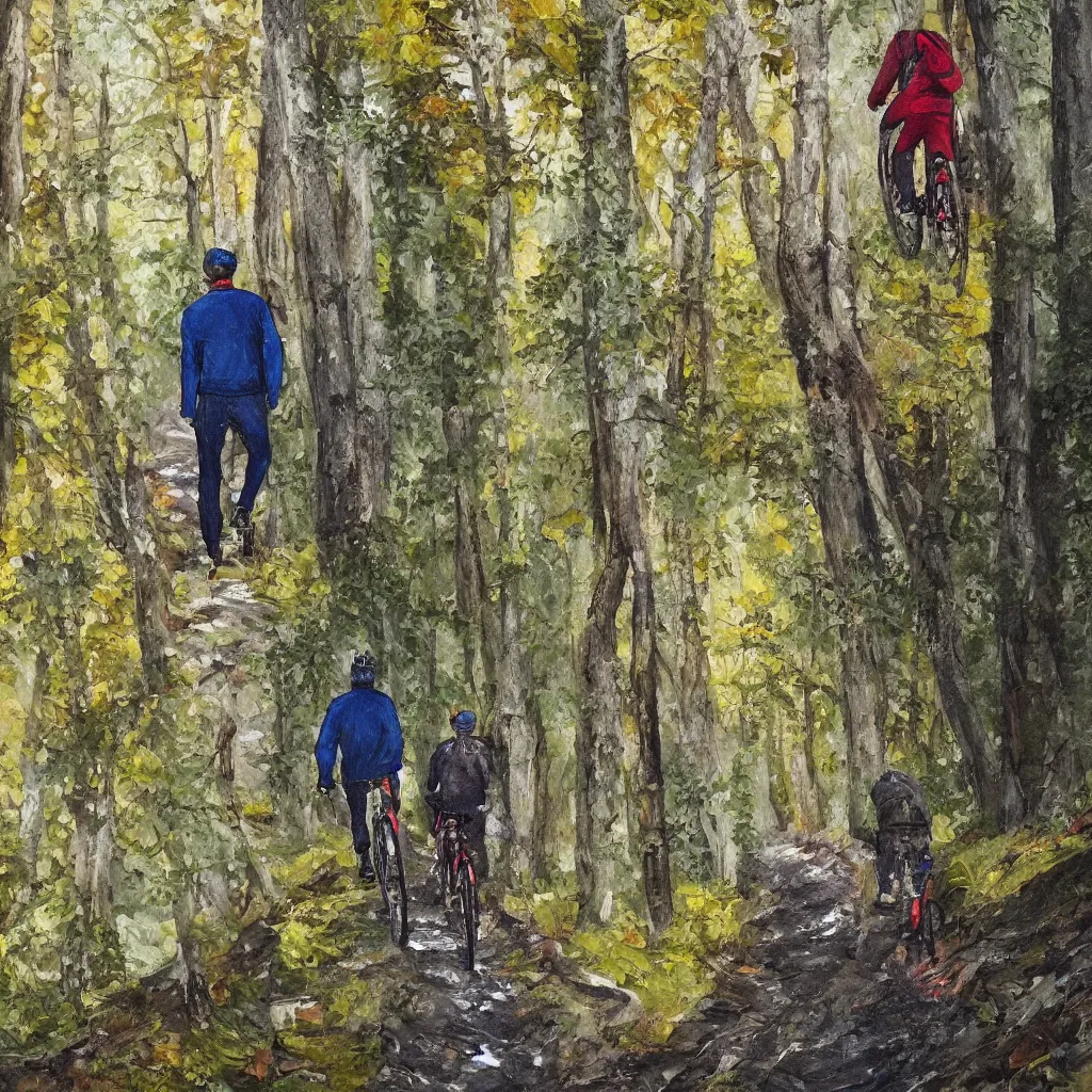 Image similar to Two men biking up a steep forest hill. One with a deep dark blue sweater and the other with a wine red sweater. sweaty. Oil painting. Emotional. Trending on artstation. Steep. Nordic Trees. Rustic. Artistic.