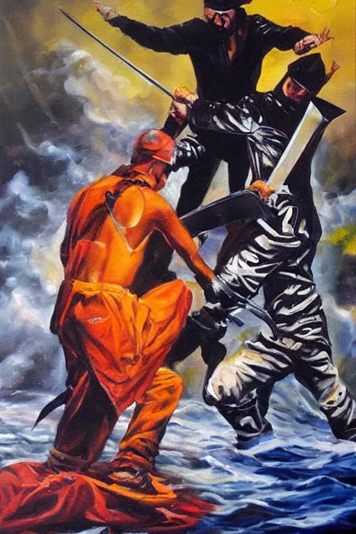 Prompt: dramatic oil painting of bill drummond fighting julian cope with swords