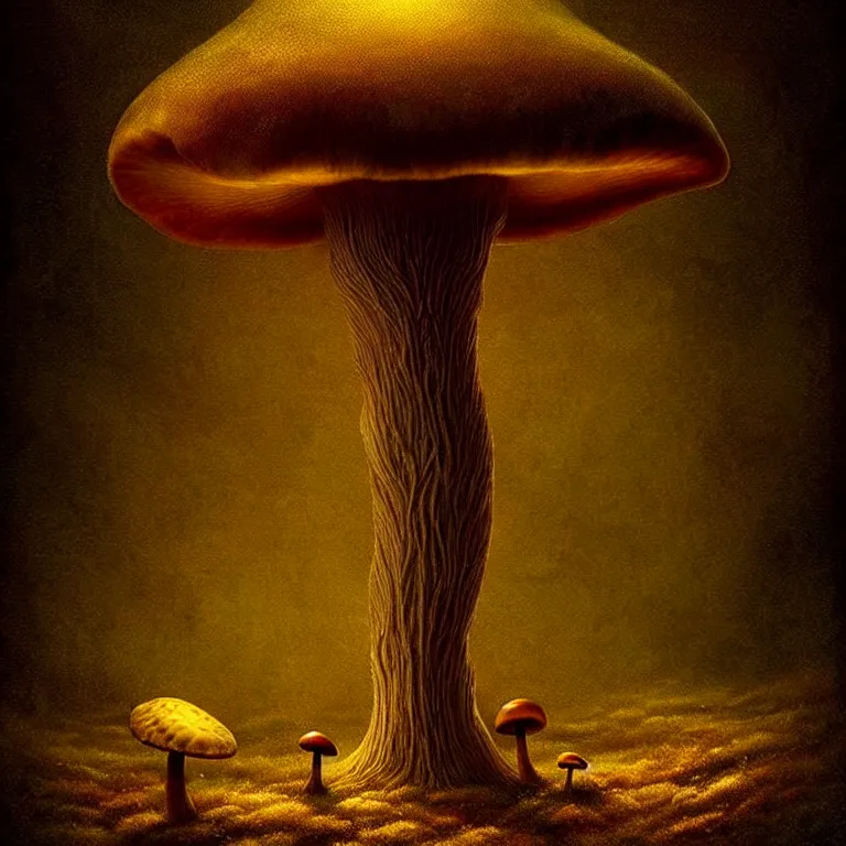 Image similar to epic professional digital art of startling mushroom, faint golden moody atmospheric lighting, painted, intricate, detailed, detailed, foreboding, by leesha hannigan, wayne haag, reyna rochin, ignacio fernandez rios, mark ryden, iris van herpen,, epic, stunning, gorgeous, much wow, cinematic, masterpiece.