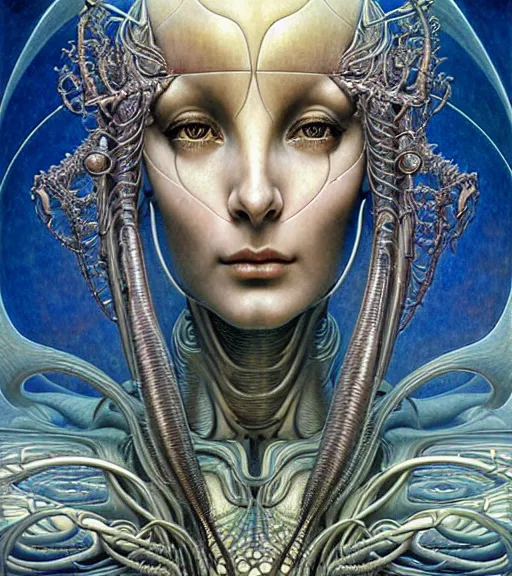 Image similar to detailed realistic beautiful young cher alien robot as queen of andromeda galaxy portrait by jean delville, gustave dore and marco mazzoni, art nouveau, symbolist, visionary, baroque, giant fractal details. horizontal symmetry by zdzisław beksinski, iris van herpen, raymond swanland and alphonse mucha. highly detailed, hyper - real, beautiful