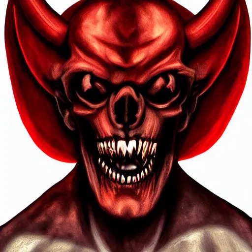 Image similar to the _ devil _ holding _ a _ skull _ red _ horns _ ominous _ fiery _ background _ symmetrical _ detailed _ face _ despair _ highly _ detailed _ high _ resolution _ sandro _ botticel