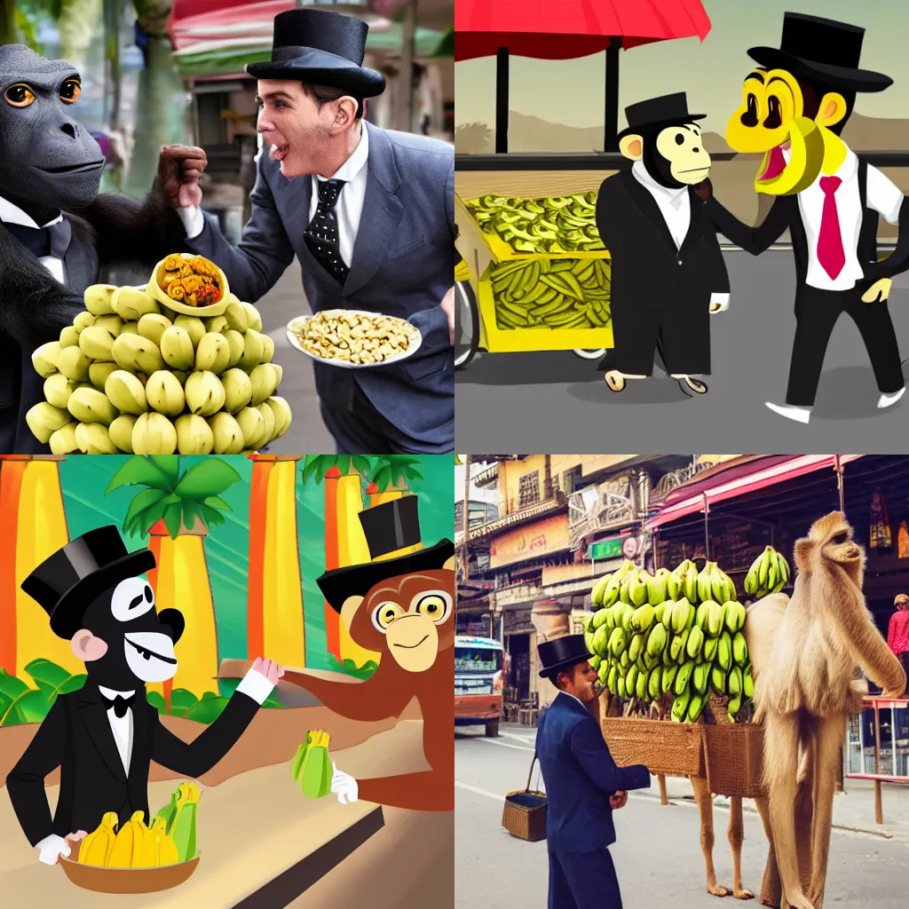 Prompt: a photorealistic monkey wearing a top hat and a suit negotiating on price for bananas at a street vendor run by a camel