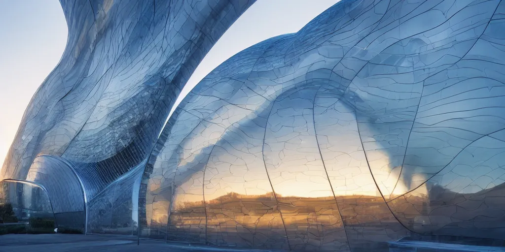 Image similar to extremely detailed awe stunning beautiful futuristic smooth curvilinear museum exterior, translucent gills, stunning volumetric light, stainless steel, concrete, translucent material, beautiful sunset, hyper real, 8k, colorful, 3D cinematic volumetric light, atmospheric light