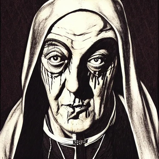 Image similar to graphic illustration, creative design, aleister crowley as a nun, biopunk, francis bacon, highly detailed, hunter s thompson, concept art