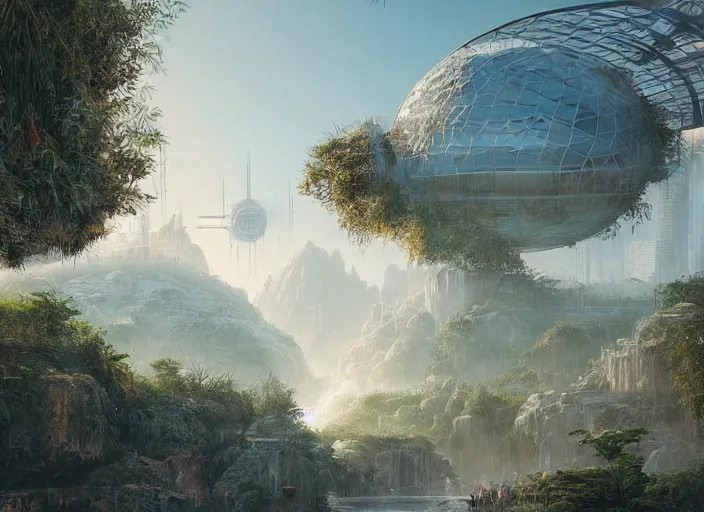 Prompt: highly detailed digital matte painting of a beautiful biodome, by Raphael LaCoste and Ruan Jia and Robert McCall, postcyberpunk, geodesic dome, hyperdetailed, sunrise, wide shot, autochrome, octane render