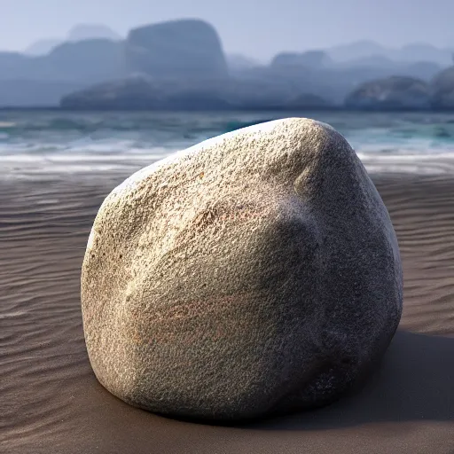 Image similar to a beautiful rock on the beach, octane render, nvidia raytracing demo, detailed, 8 k, masterpiece