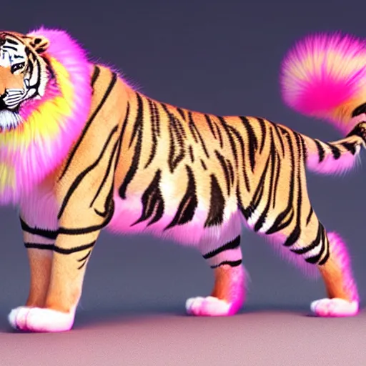 Prompt: a caspian tiger with fur of the color pink and yellow with ombre effect, detailed fur hair, unreal engine 5