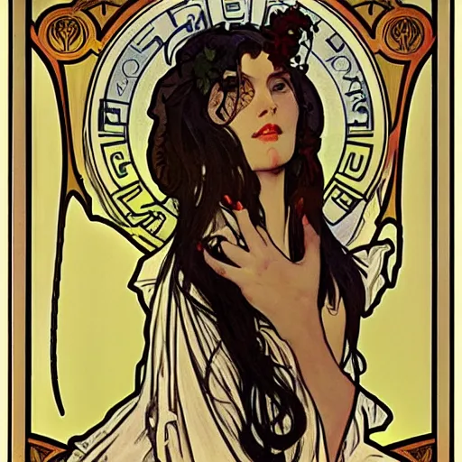 Prompt: female occult detective, painted by alphonse mucha