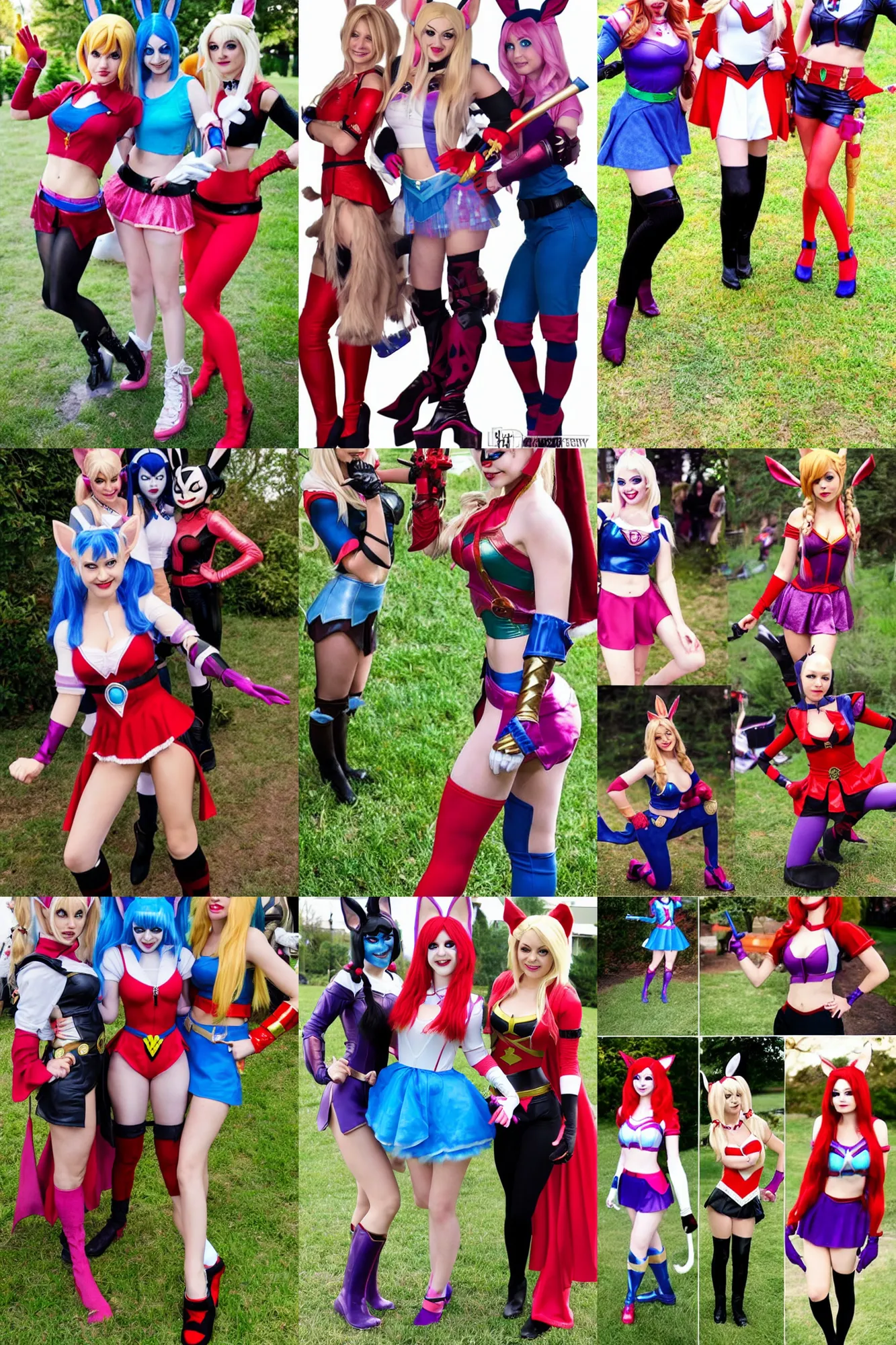 Prompt: crossover cosplay between lola bunny, princess zelda, harley quinn and scarlett witch