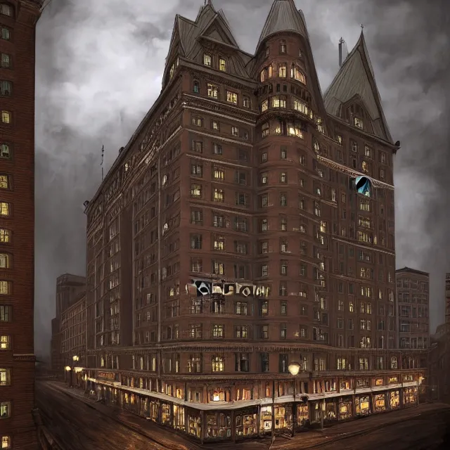 Prompt: photorealistic painting of a 1 9 2 0 s gothic style hotel in downtown boston, overlooking a dark street, architectural, atmospheric lighting, brooding, painted, intricate, ultra detailed, well composed, best on artstation, cgsociety, epic, horror, stunning, gorgeous, intricate detail, much wow, masterpiece, cinematic aesthetic octane render, 8 k hd resolution,