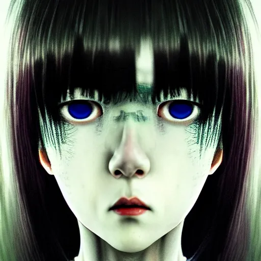 Image similar to i see you palp by junji ito, green red black blue eyes and long black hair by junji ito, painted by junji ito, rtx reflections, octane render 1 2 8 k, extreme high intricate details by wlop, digital anime art by ross tran, wide shot, composition by ross tran, lighting by wlop