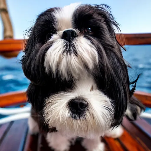 Prompt: low angle photo of a shih tzu on a pirate ship out at sea