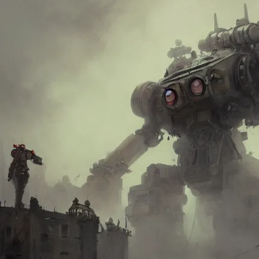 Image similar to gigantic steampunk mecha, dense fog, trending on artstation, jakub rozalski